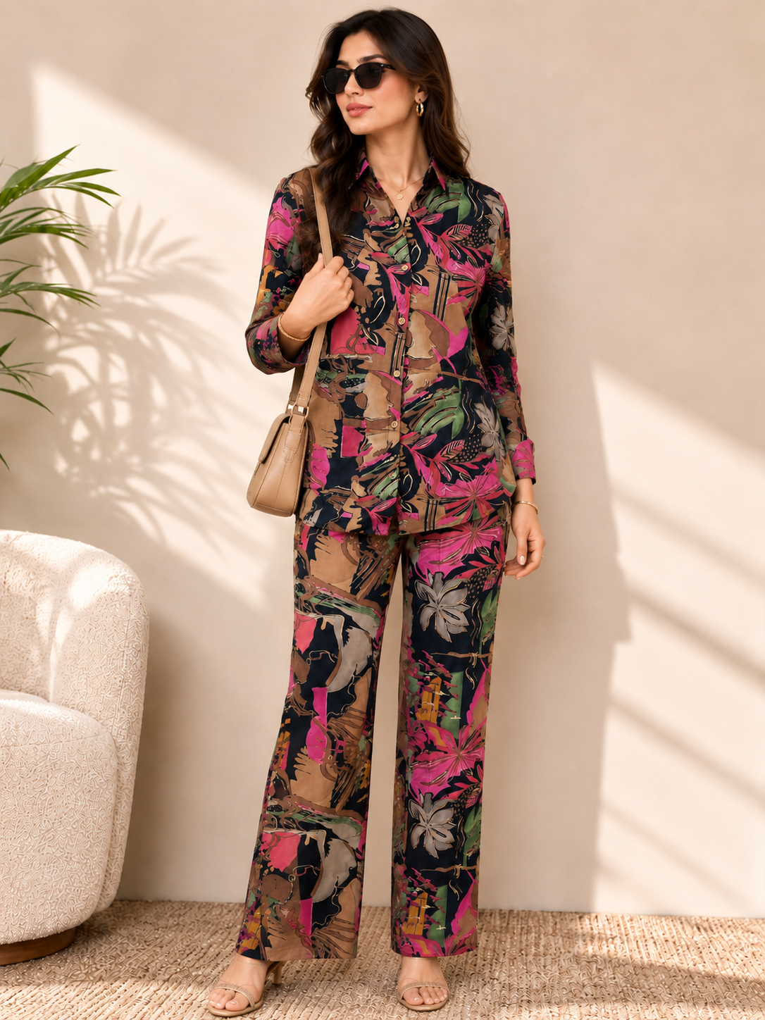 Navy Blue Floral Chanderi Silk Co-Ord Set for Women
