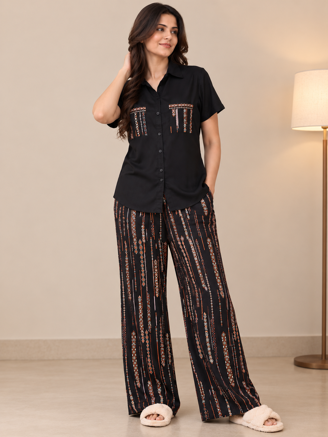Black Abstract Viscose Rayon Night Suit for Women | Claura