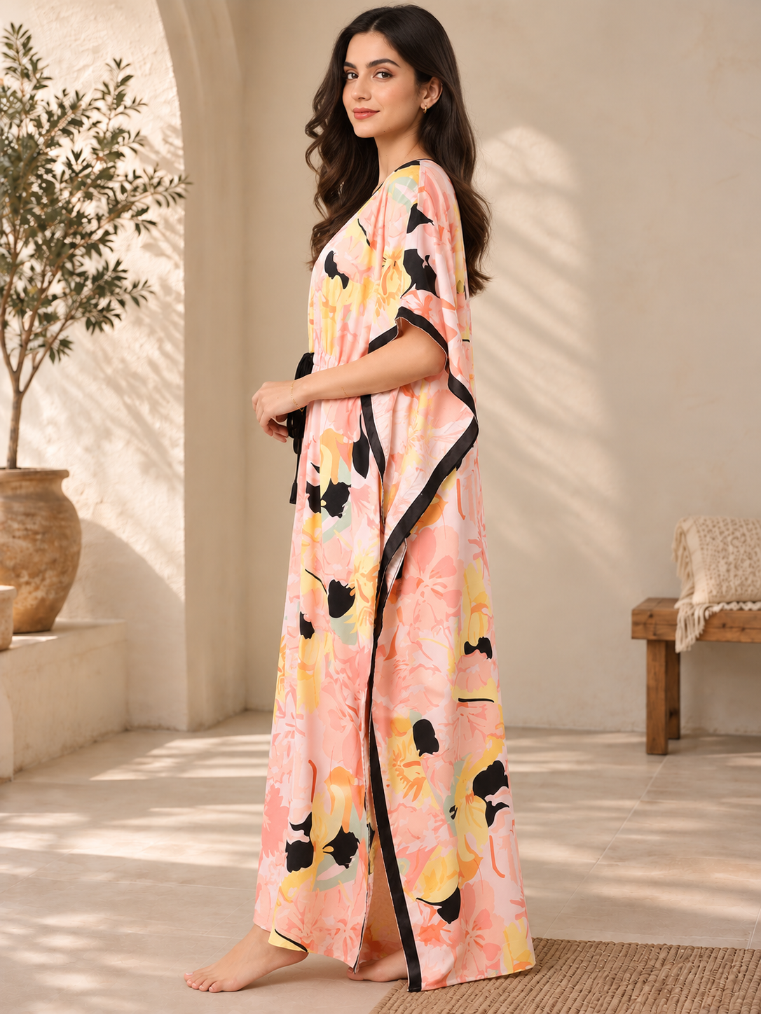 Multicolor Floral Rayon Kaftan Dress for Women | Claura