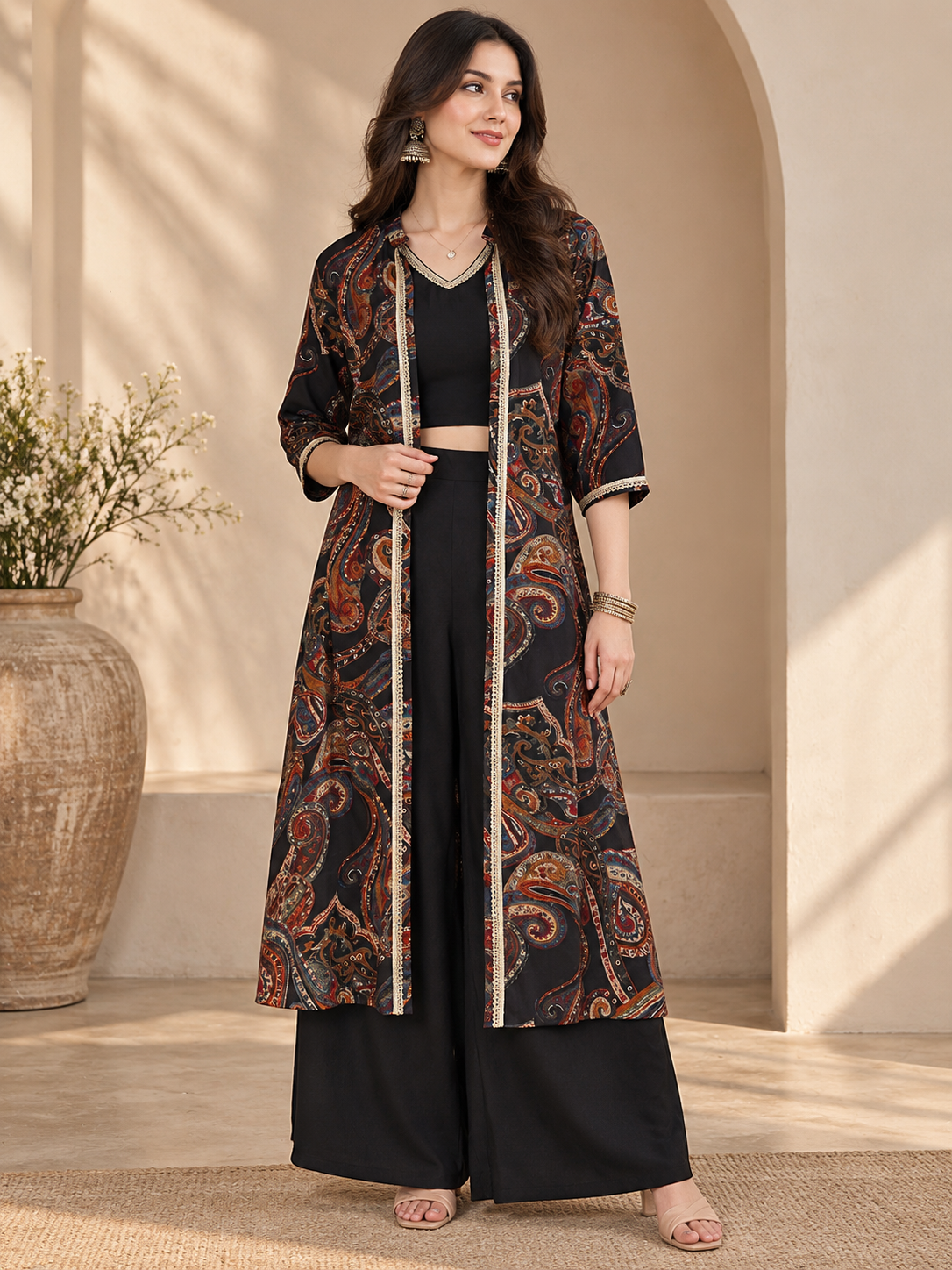 Black Ethnic Printed Chanderi Silk Co-Ord Set for Women