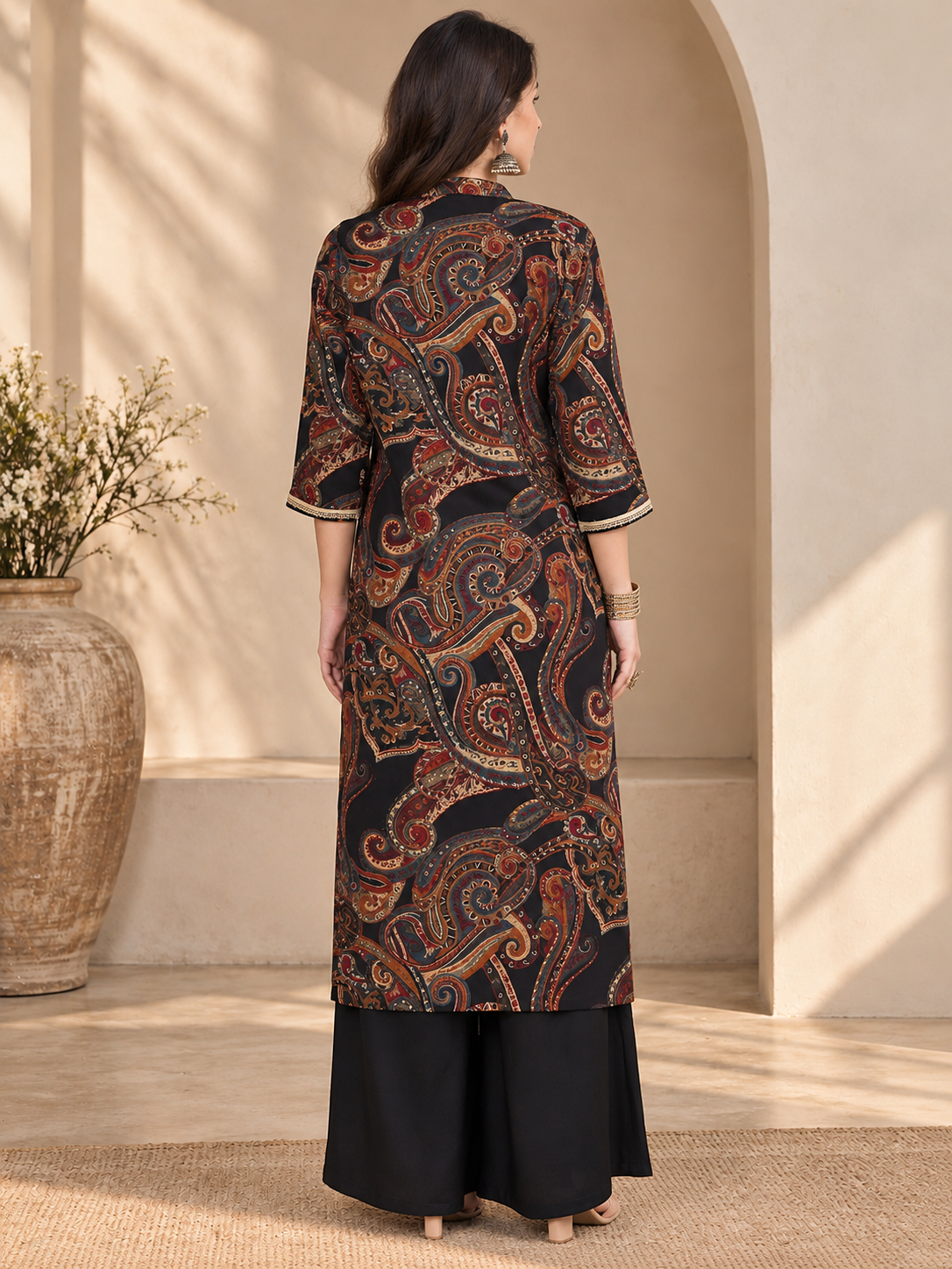 Black Ethnic Printed Chanderi Silk Co-Ord Set for Women