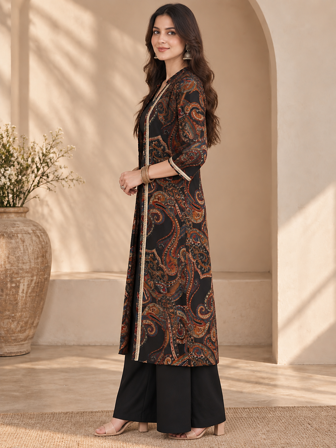 Black Ethnic Printed Chanderi Silk Co-Ord Set for Women