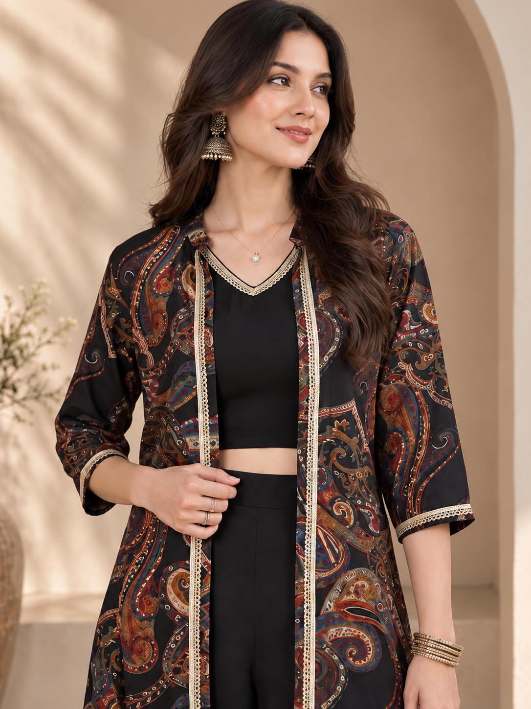Black Ethnic Printed Chanderi Silk Co-Ord Set for Women