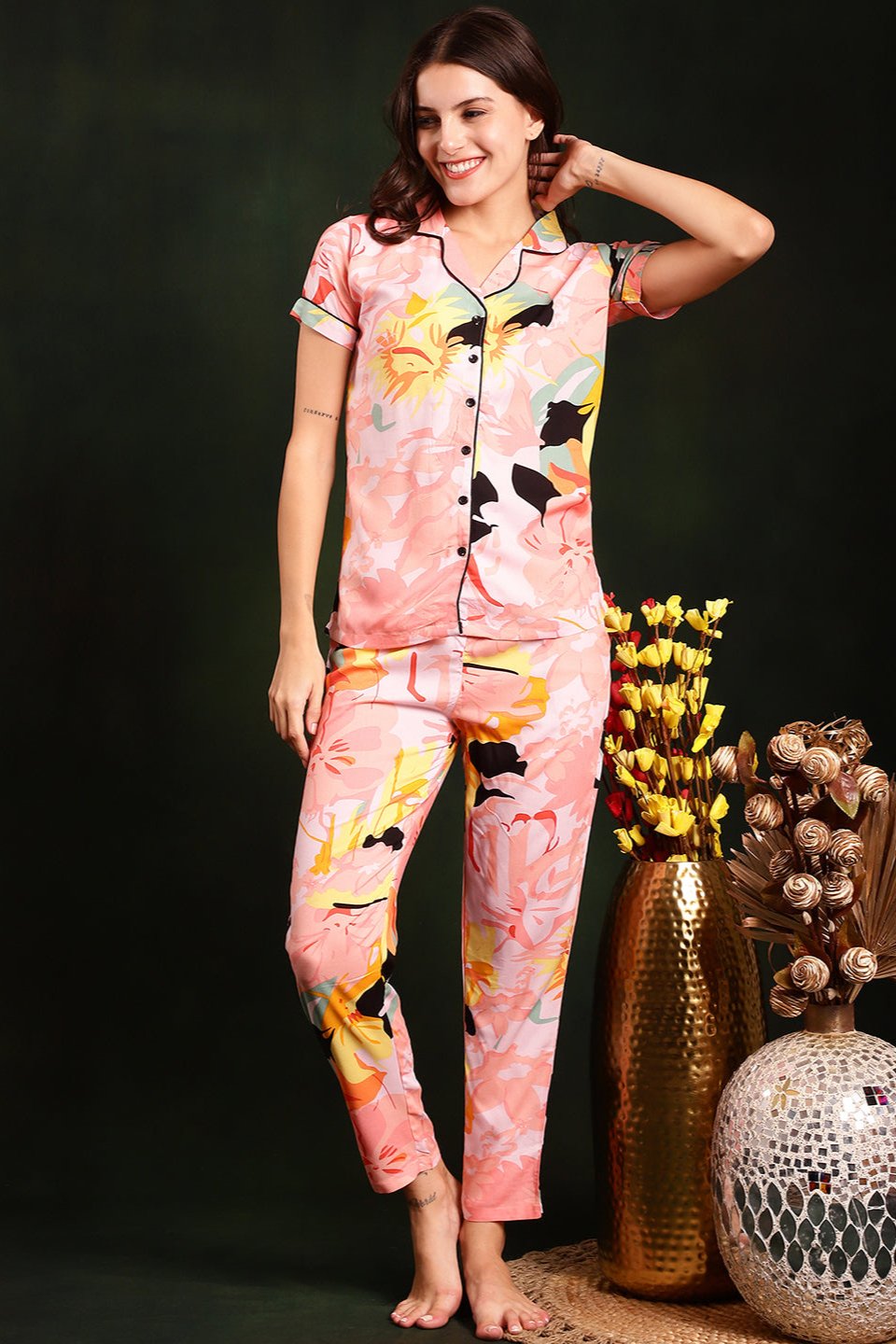 Multi-Color Floral Printed Pure Cotton Night Suit for Women by Claura