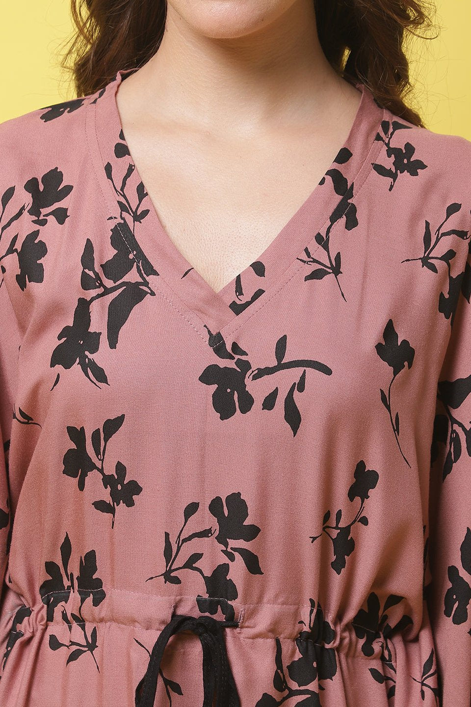 Rust Color Floral Printed Rayon Kaftan Claura Designs Pvt. Ltd. Kaftan Floral, Free Size, kaftan, kaftan_freesize, Nightdress, Printed, Rust color, Sleepwear, V-Neck