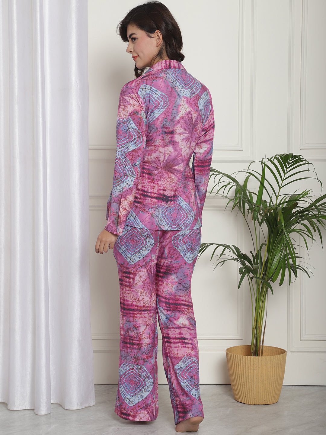 Back view of model in Purple Abstract Printed Night Suit