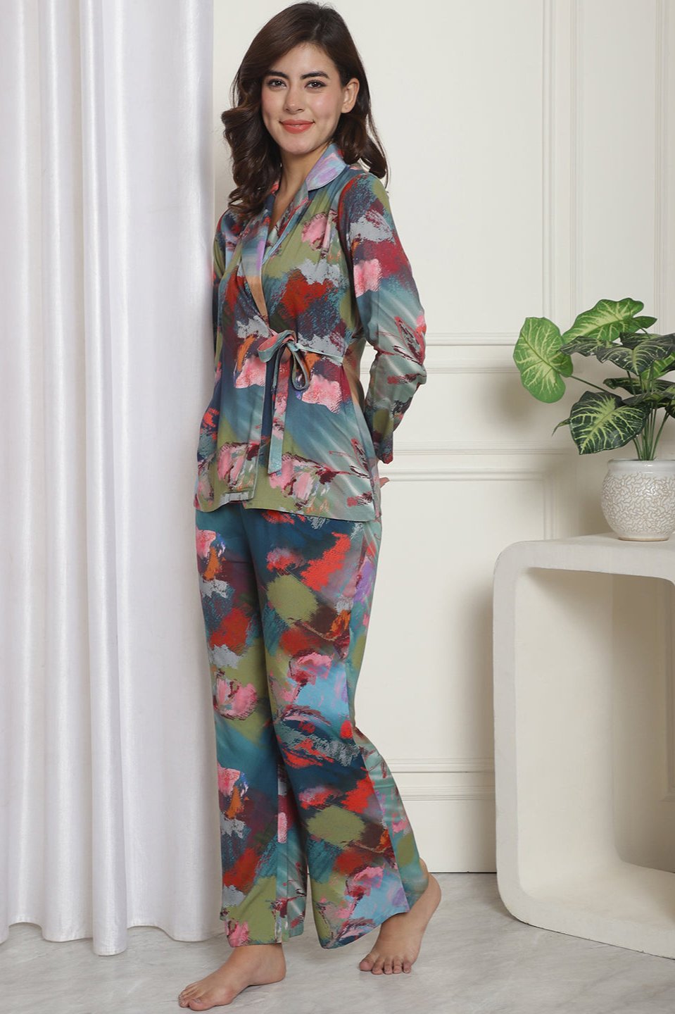 Blue Abstract Digital Printed Viscose Rayon Night Suit for Women by Claura