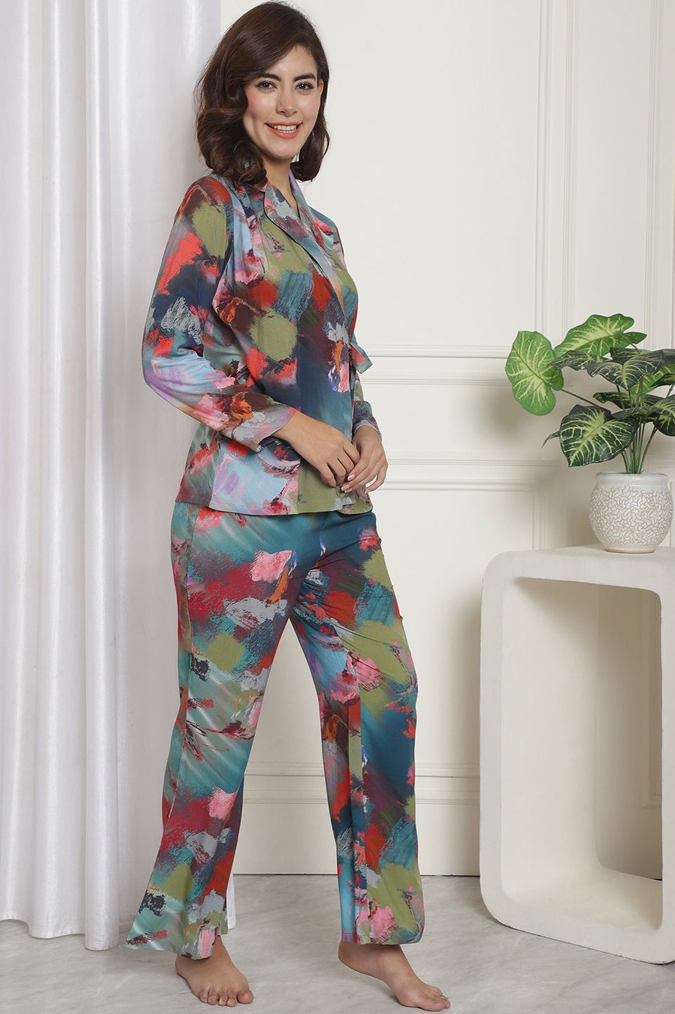 Blue Abstract Digital Printed Viscose Rayon Night Suit for Women by Claura