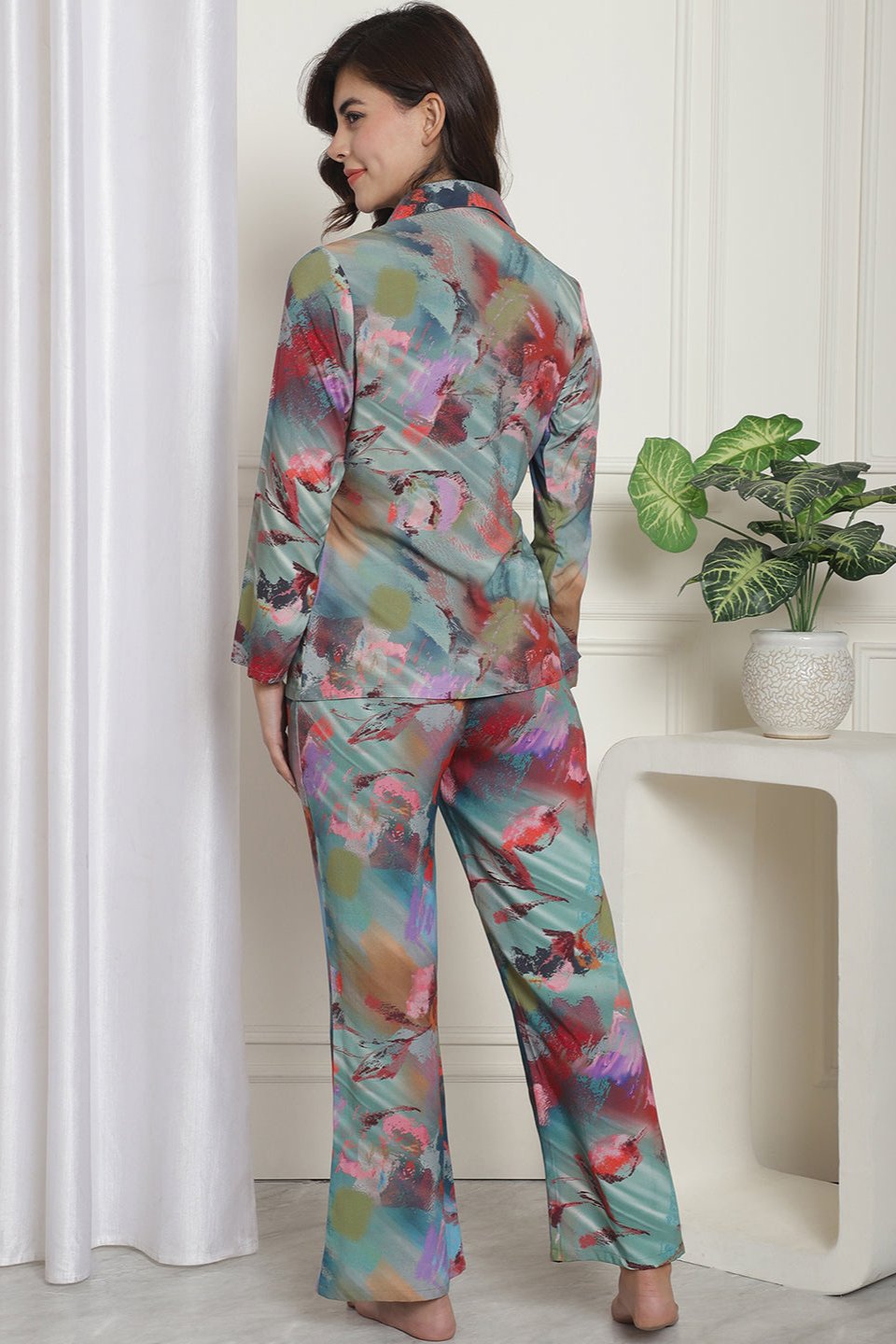 Blue Abstract Digital Printed Viscose Rayon Night Suit for Women by Claura