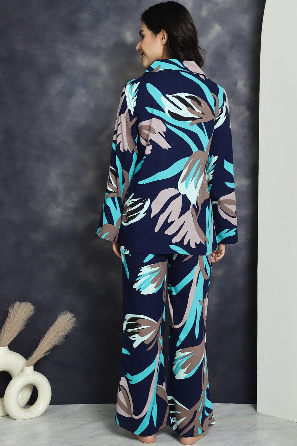 Navy Color Floral Printed Viscose Rayon Night Suit for Women by Claura