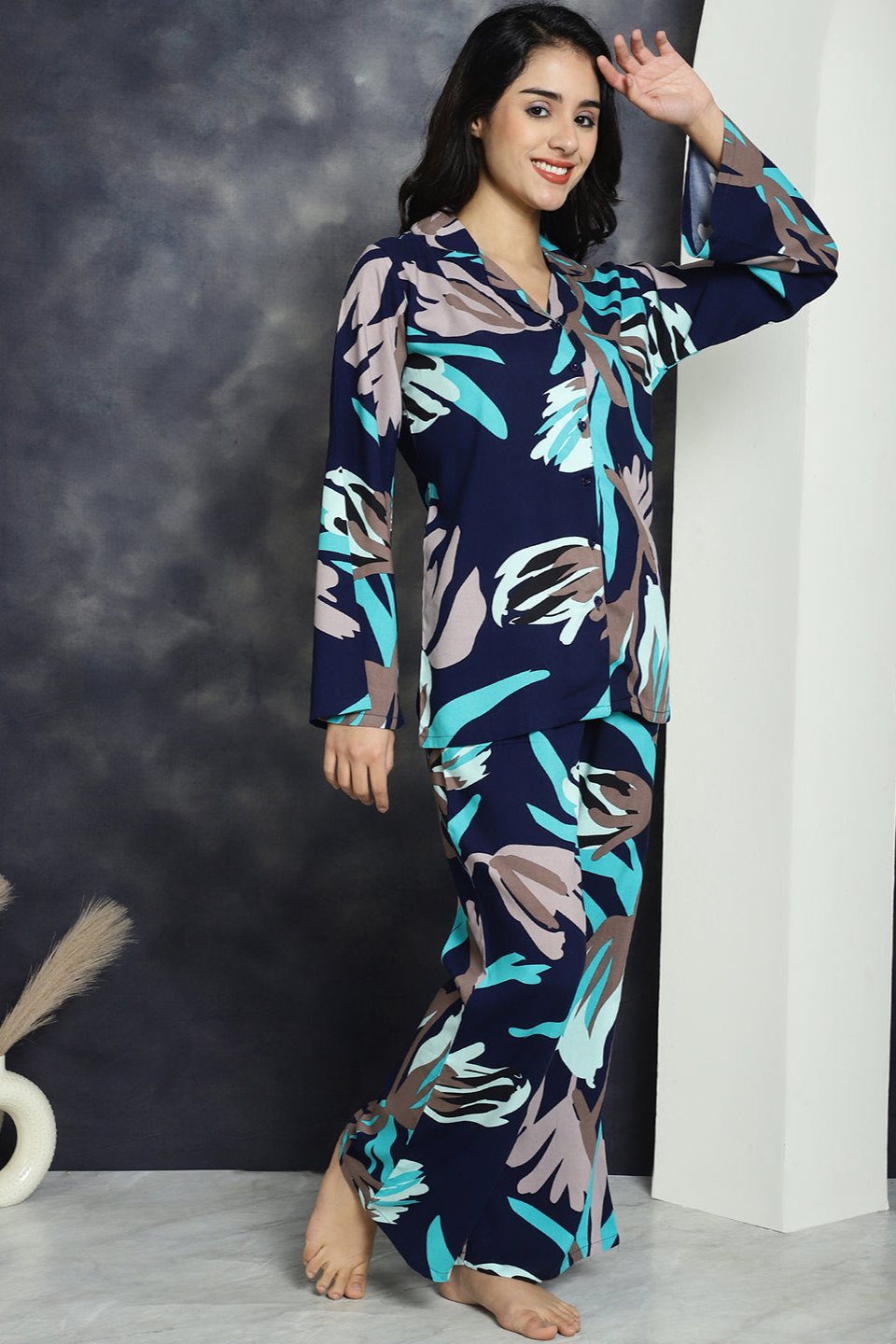 Navy Color Floral Printed Viscose Rayon Night Suit for Women by Claura