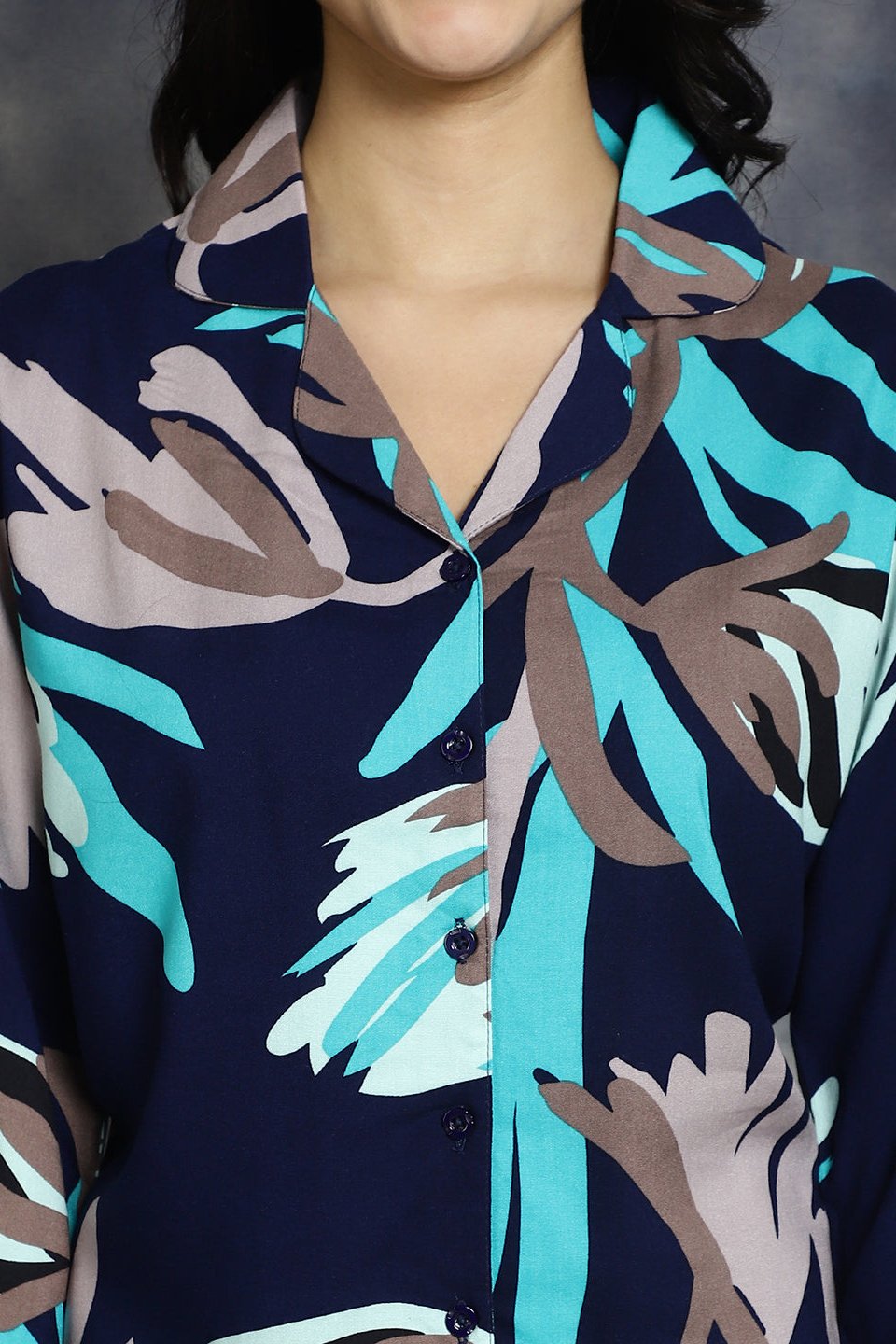 Navy Color Floral Printed Viscose Rayon Night Suit for Women by Claura