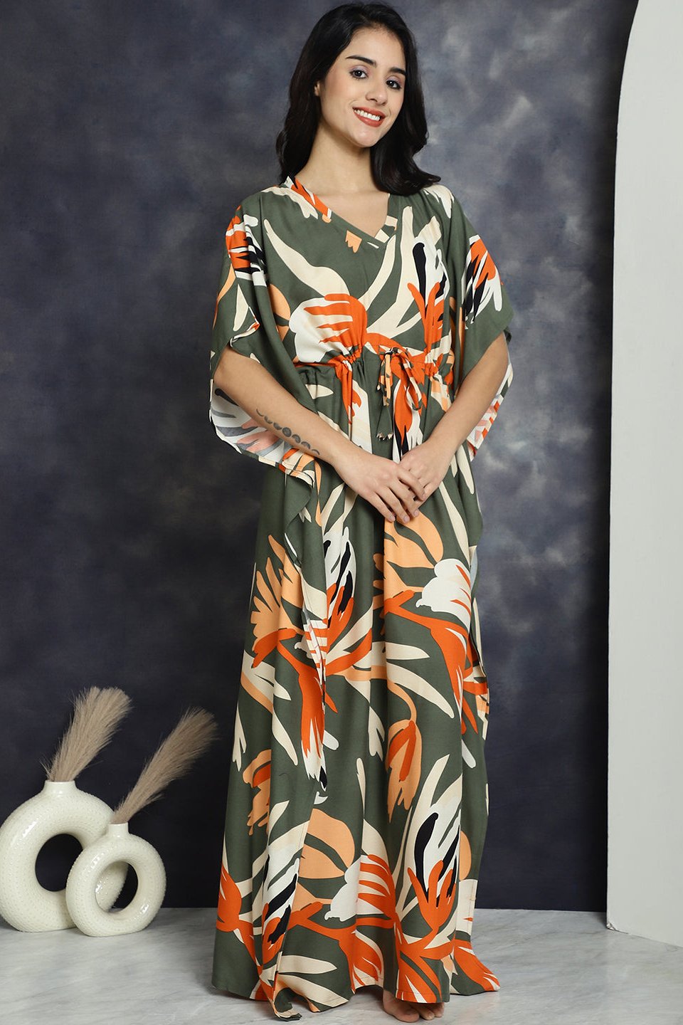 Green Floral Printed Viscose Rayon Nightdress Maxi Kaftan For Women