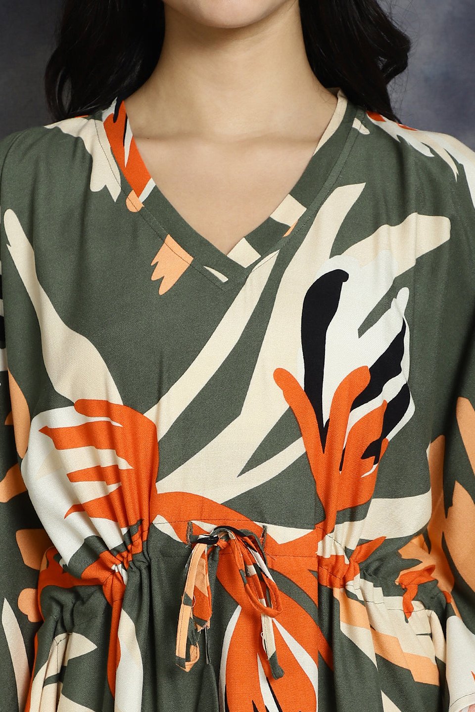 Green floral printed Kaftan Dress with drawstring waist