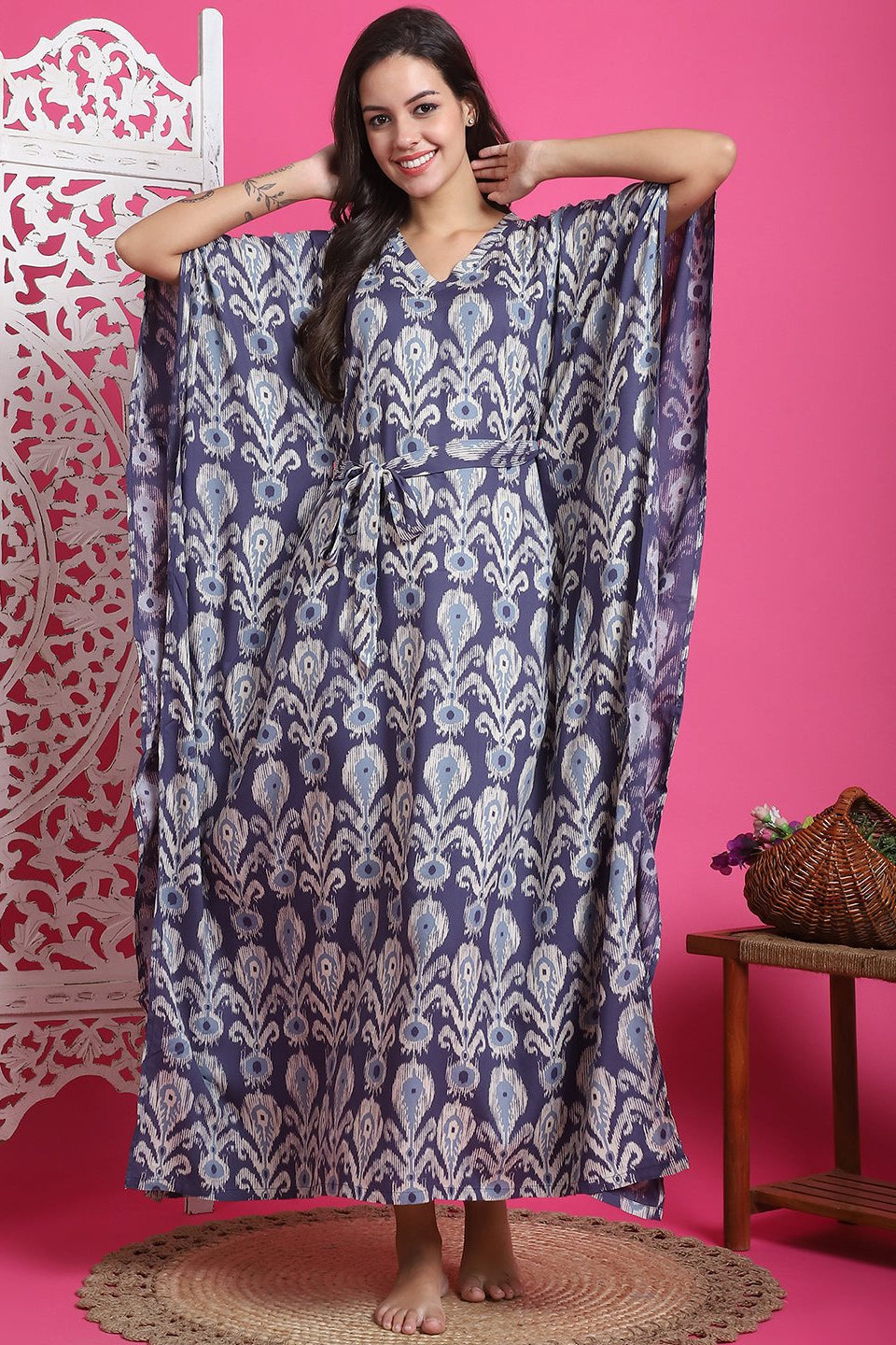 Blue Color Abstract Printed Viscose Rayon Kaftan For Women