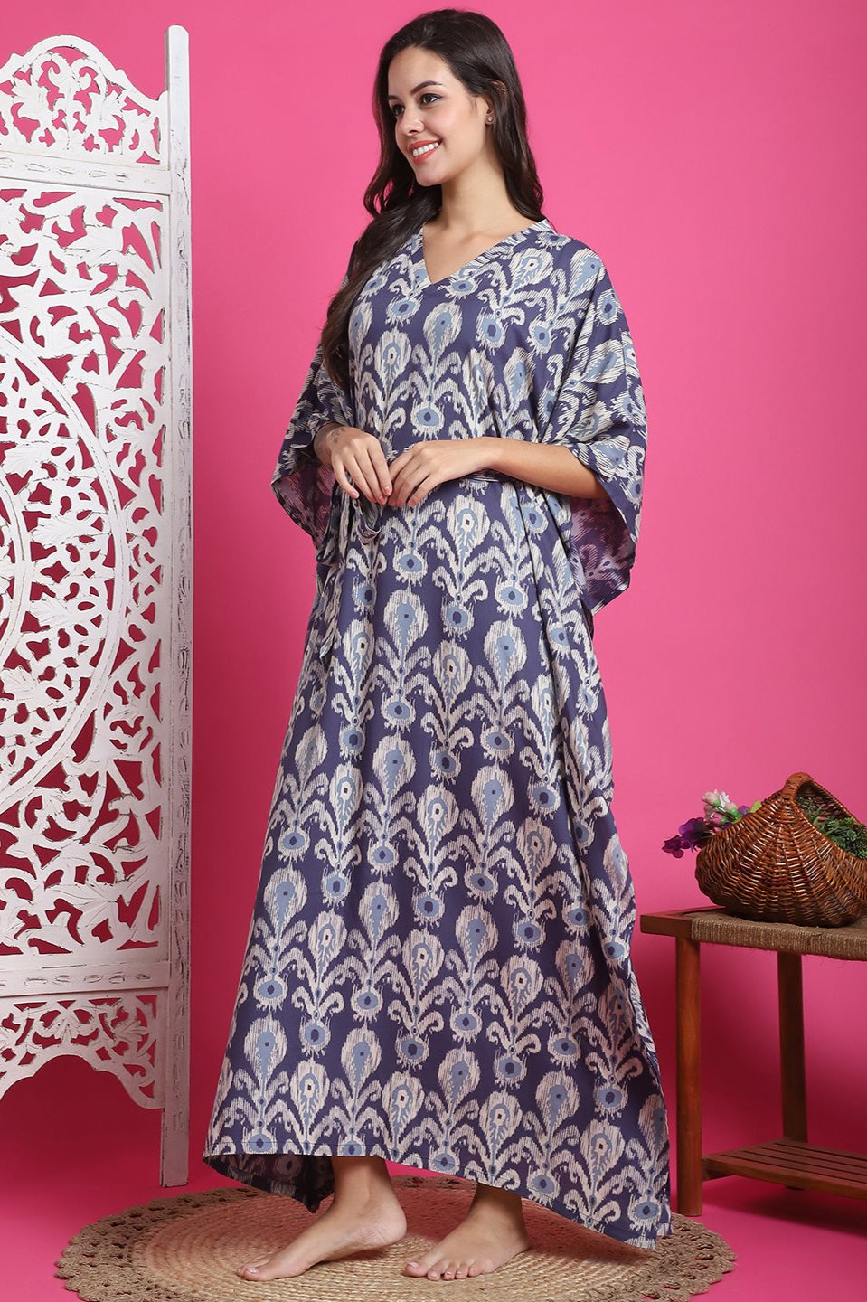 Blue Color Abstract Printed Viscose Rayon Kaftan For Women