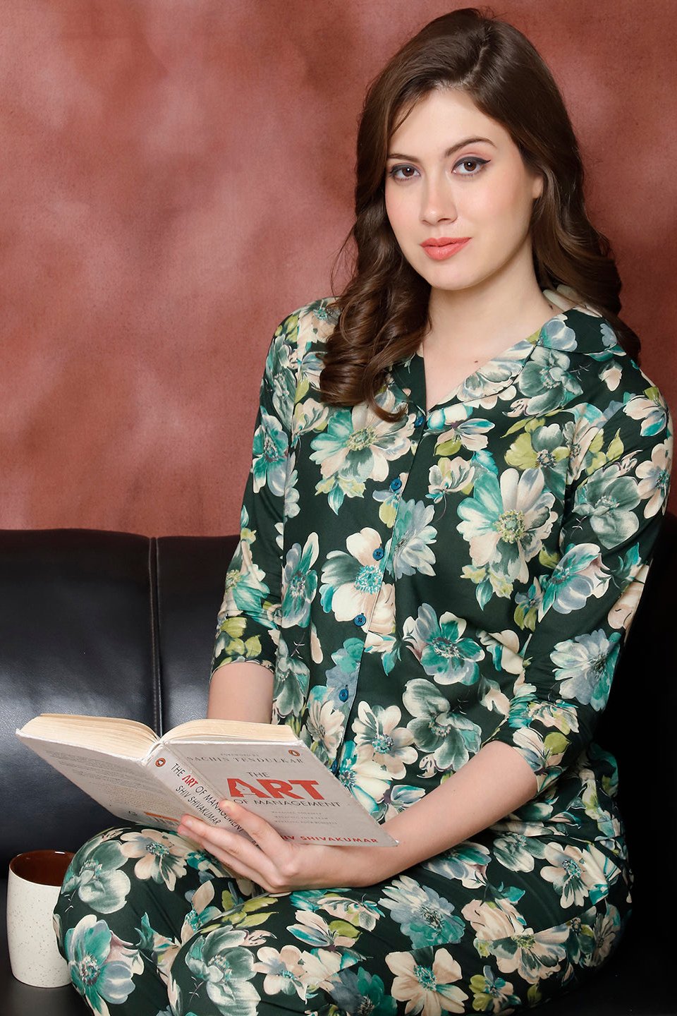 Woman wearing Green Floral Night Suit