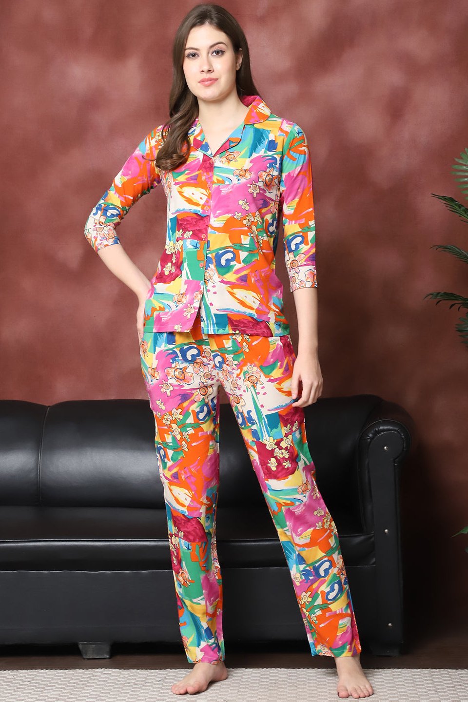Woman wearing Multi-color Abstract Printed Night Suit
