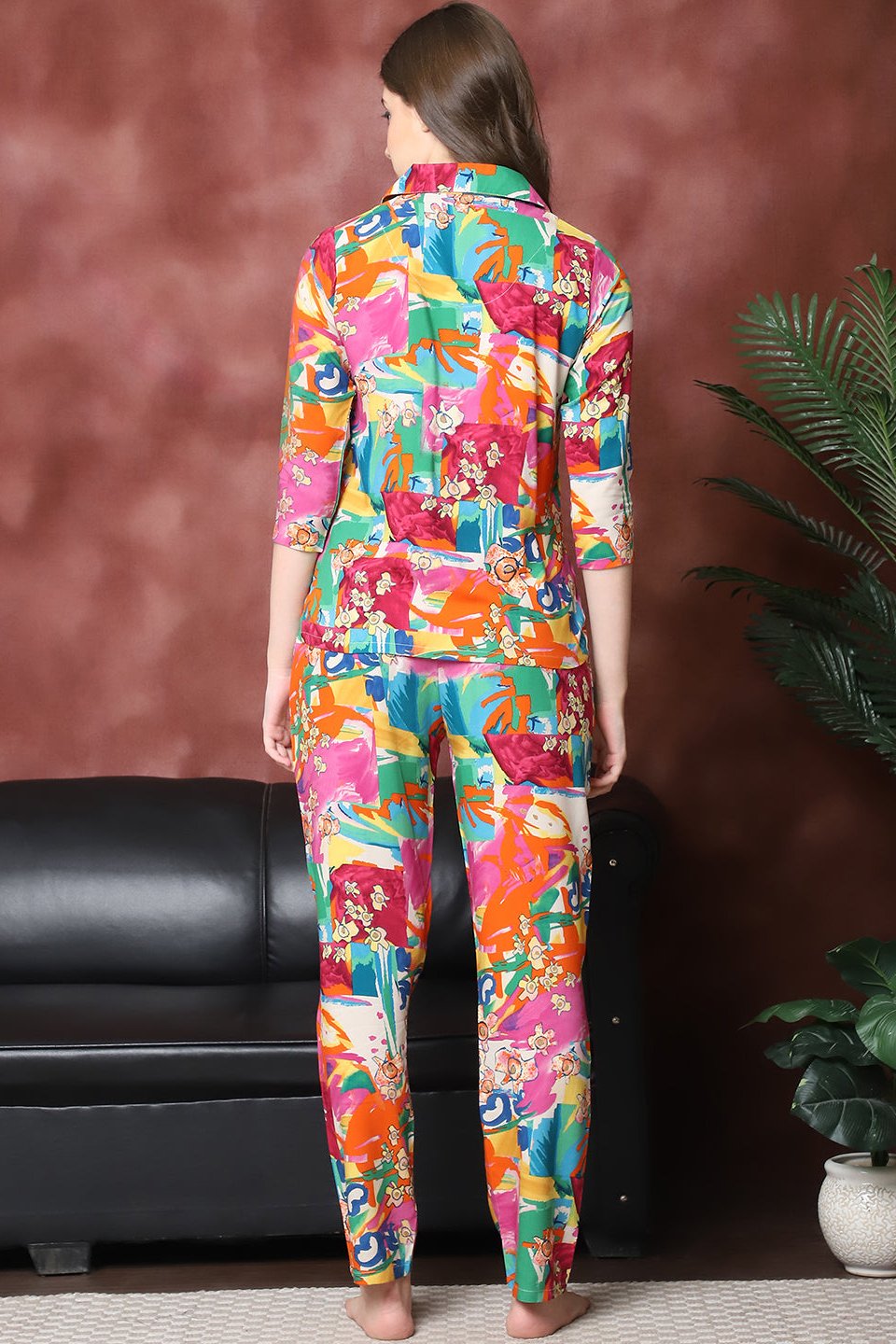 Multi-Color Abstract Printed Viscose Rayon Night Suit for Women by Claura