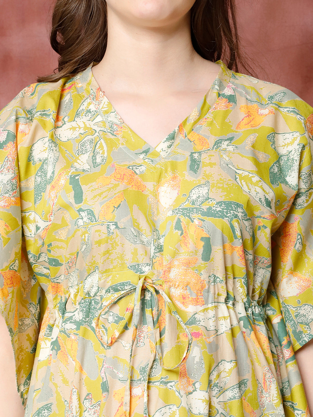 Green Floral Printed Pure Cotton V-Neck Kaftan Dress | Claura