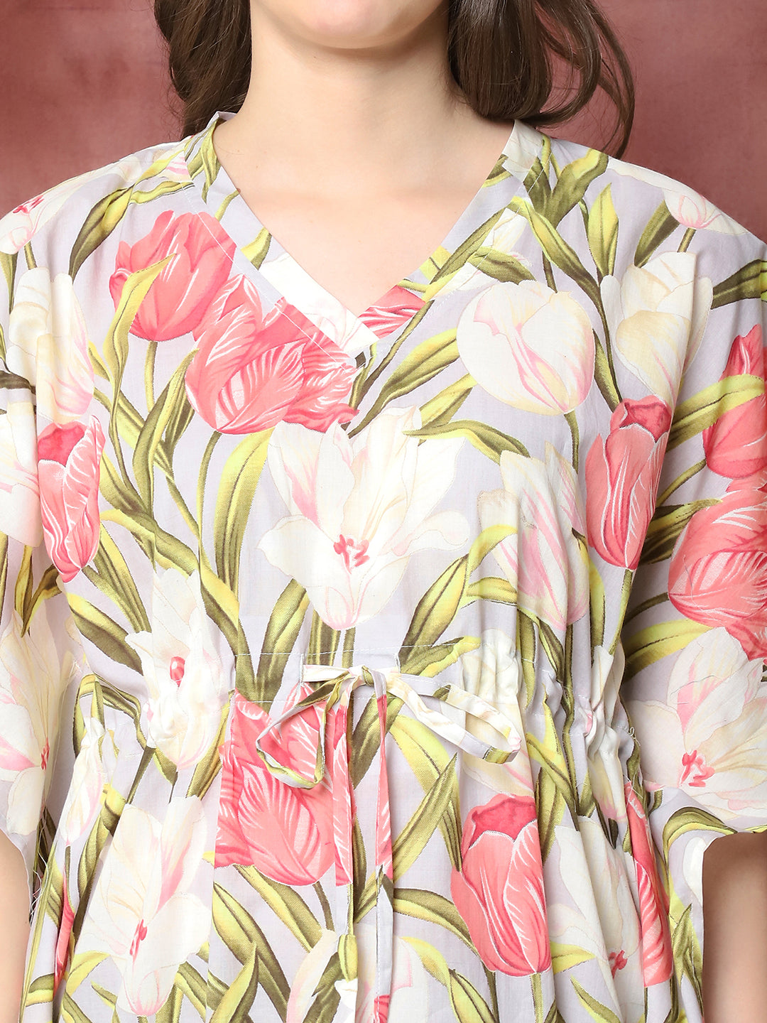 Lifestyle shot of floral print Kaftan Dress for women