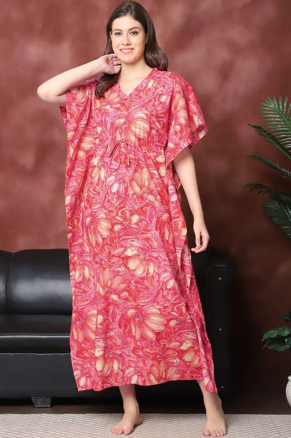 Woman wearing red floral printed Kaftan Dress