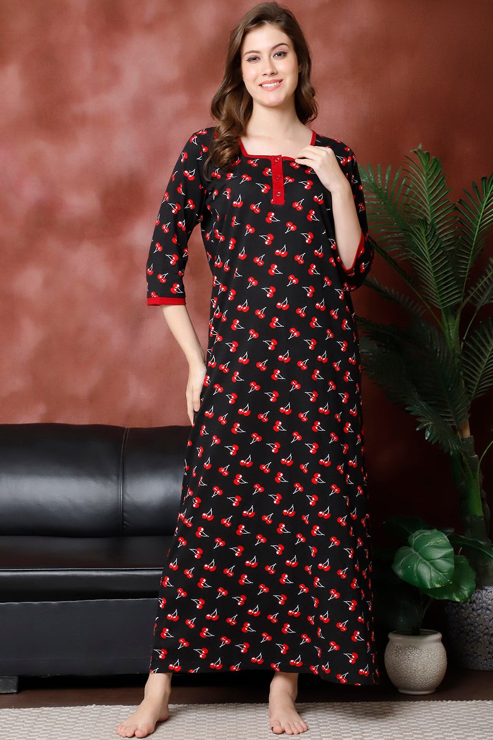 Black Color Abstract Printed Cotton Nighty For Women
