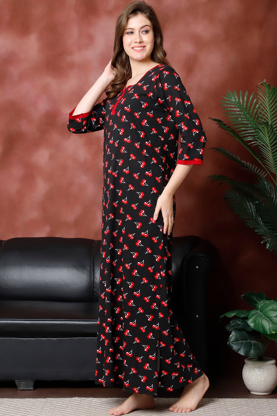 Black Color Abstract Printed Cotton Nighty For Women