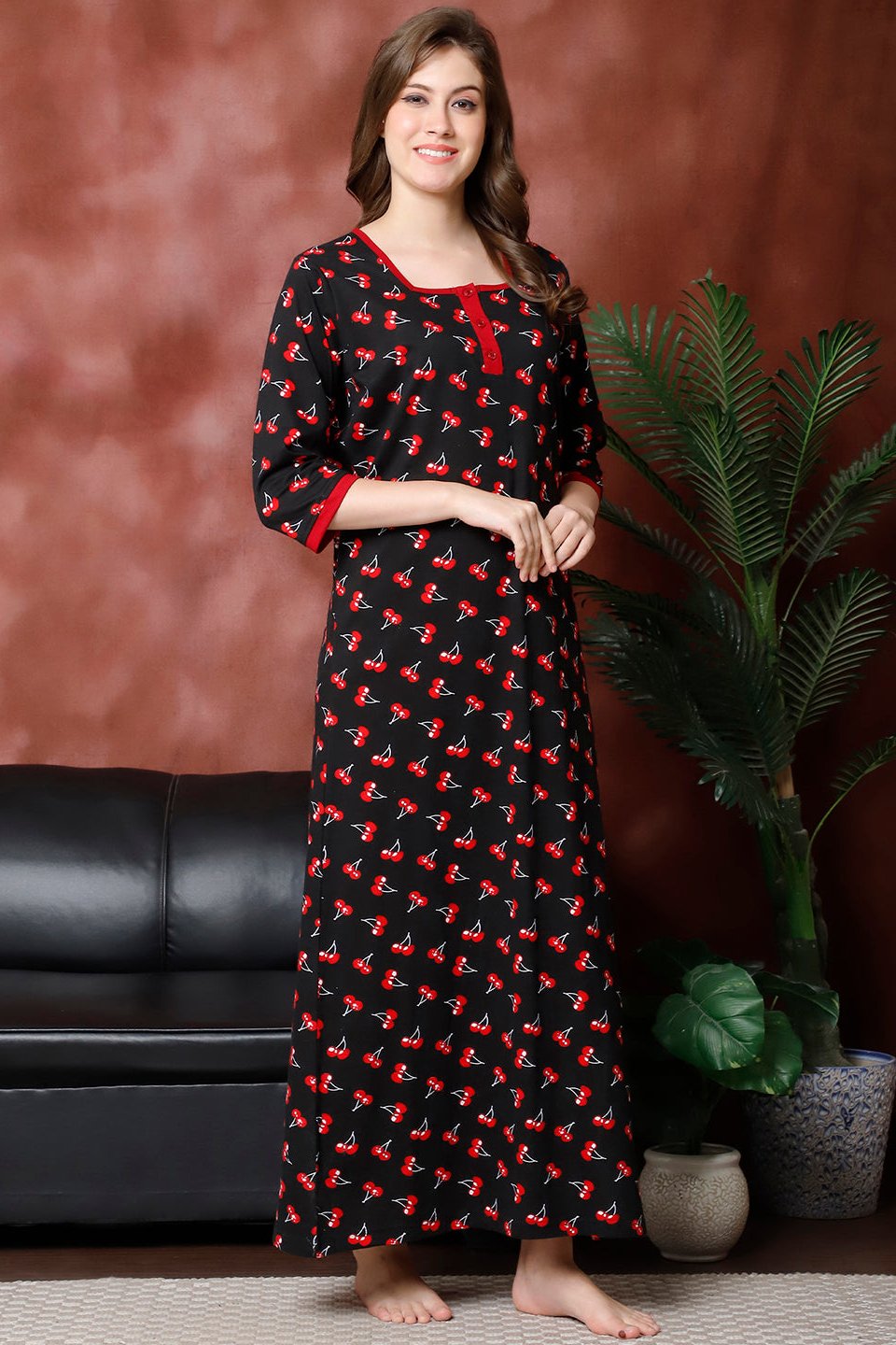 Black Color Abstract Printed Cotton Nighty For Women