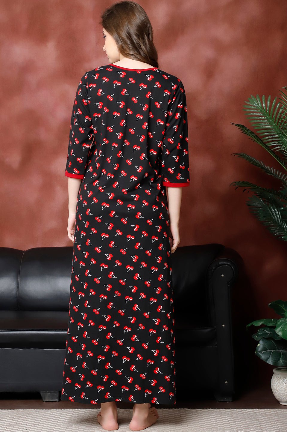 Black Color Abstract Printed Cotton Nighty For Women