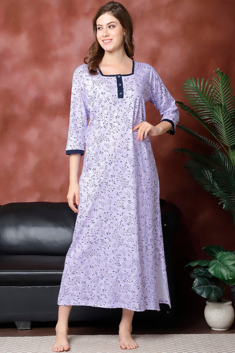 Purple Color Abstract Printed Cotton Nighty For Women