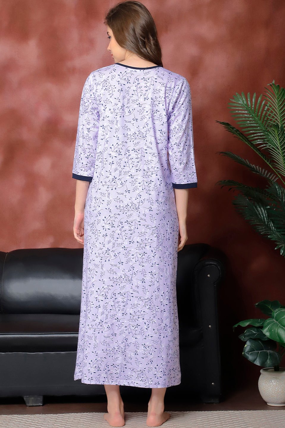 Purple Color Abstract Printed Cotton Nighty For Women