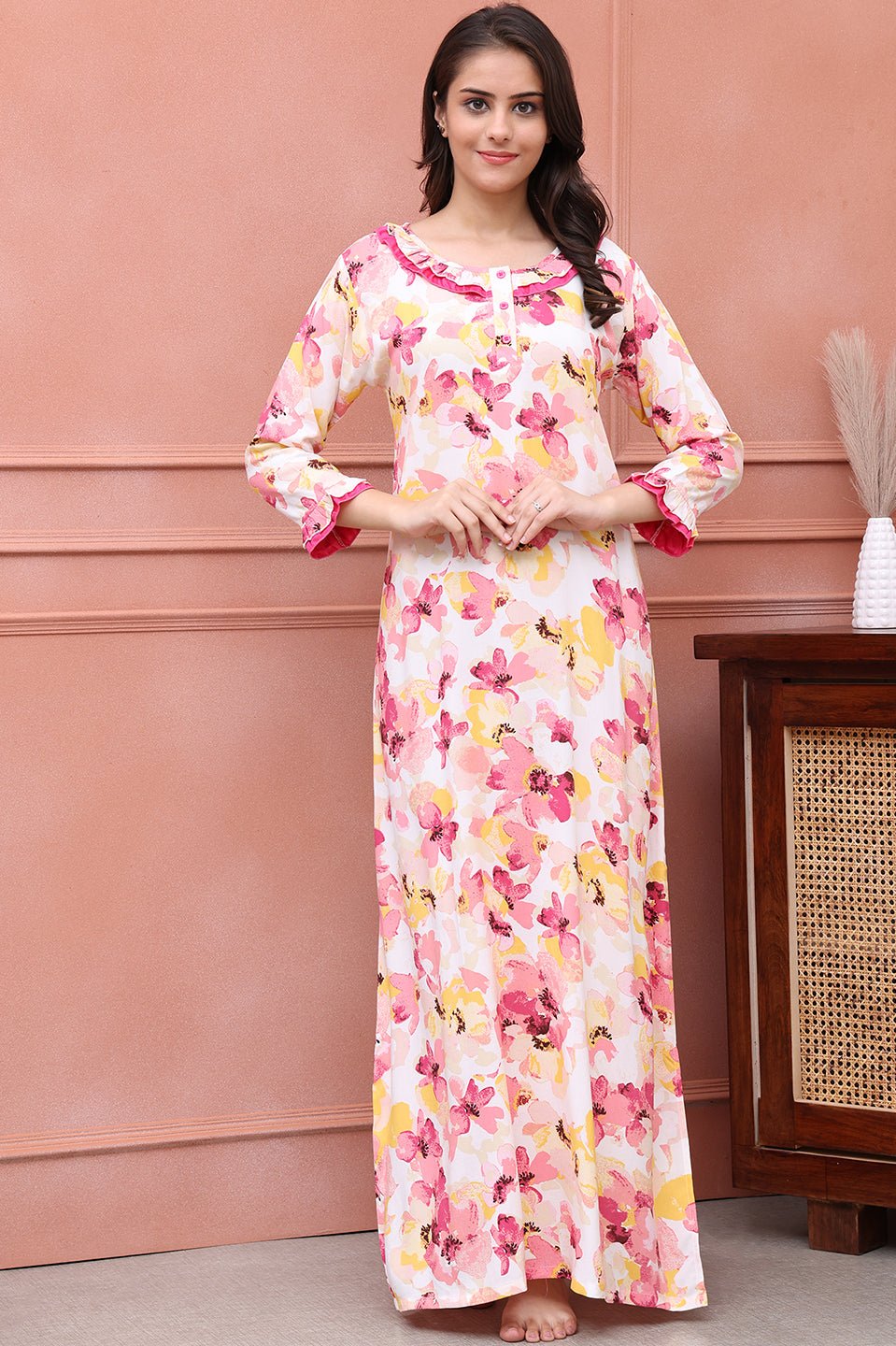 Pink Color Floral Printed Viscose Rayon Maxi Nightdress