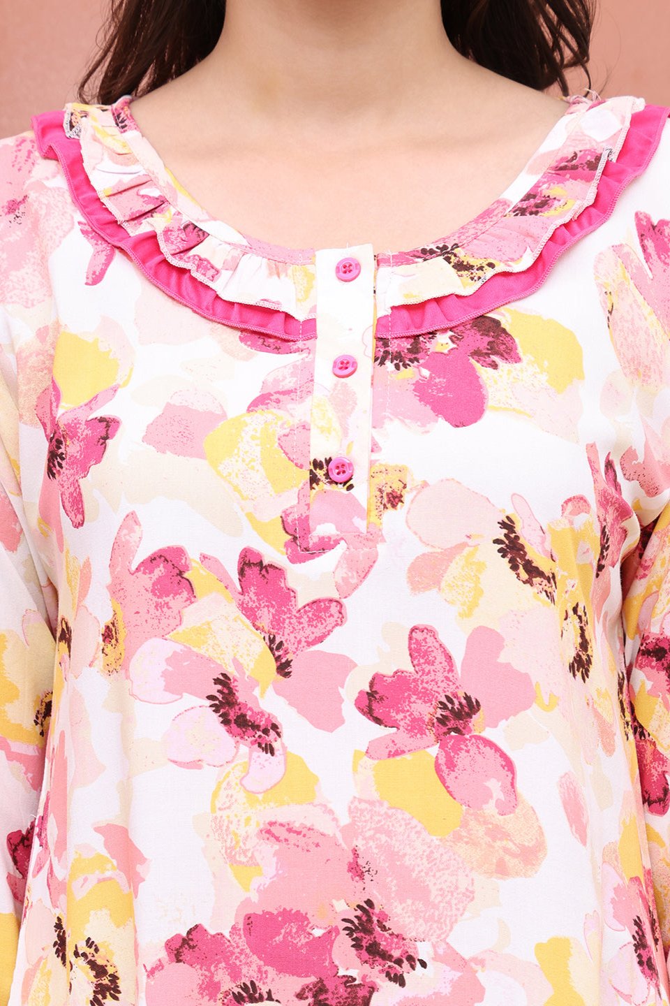 Pink Color Floral Printed Viscose Rayon Maxi Nightdress