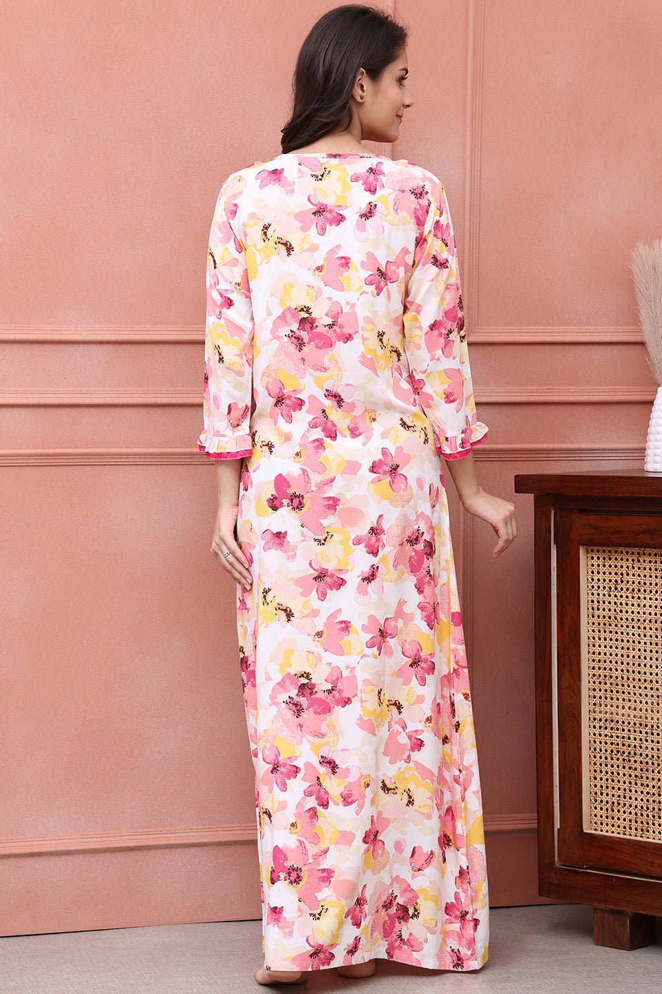 Pink Color Floral Printed Viscose Rayon Maxi Nightdress