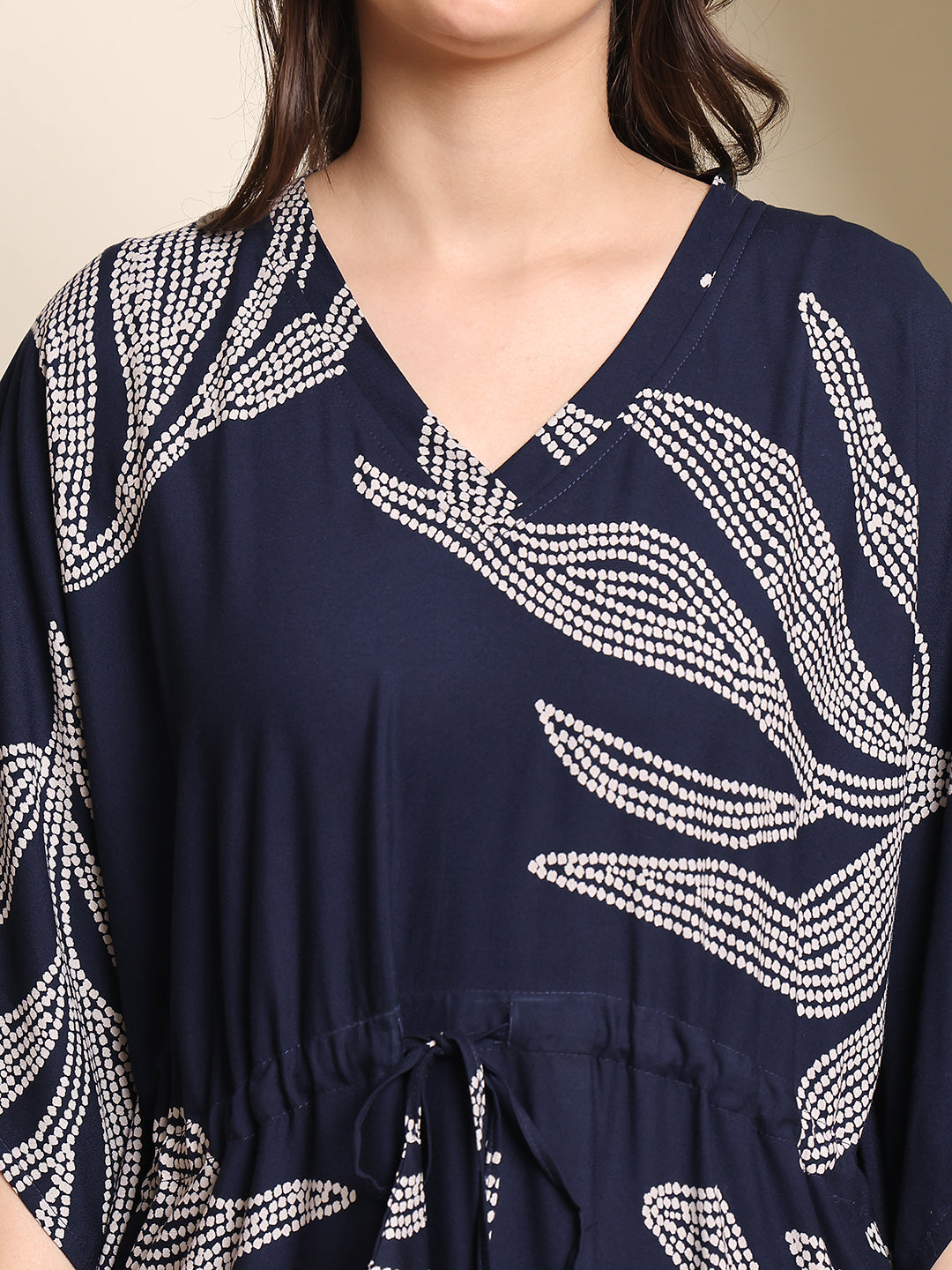 Close-up of soft fabric on printed Kaftan Dress