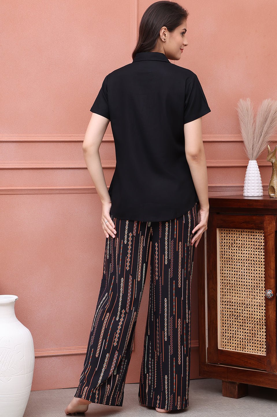 Black Abstract Printed Viscose Rayon Night Suit for Women by Claura