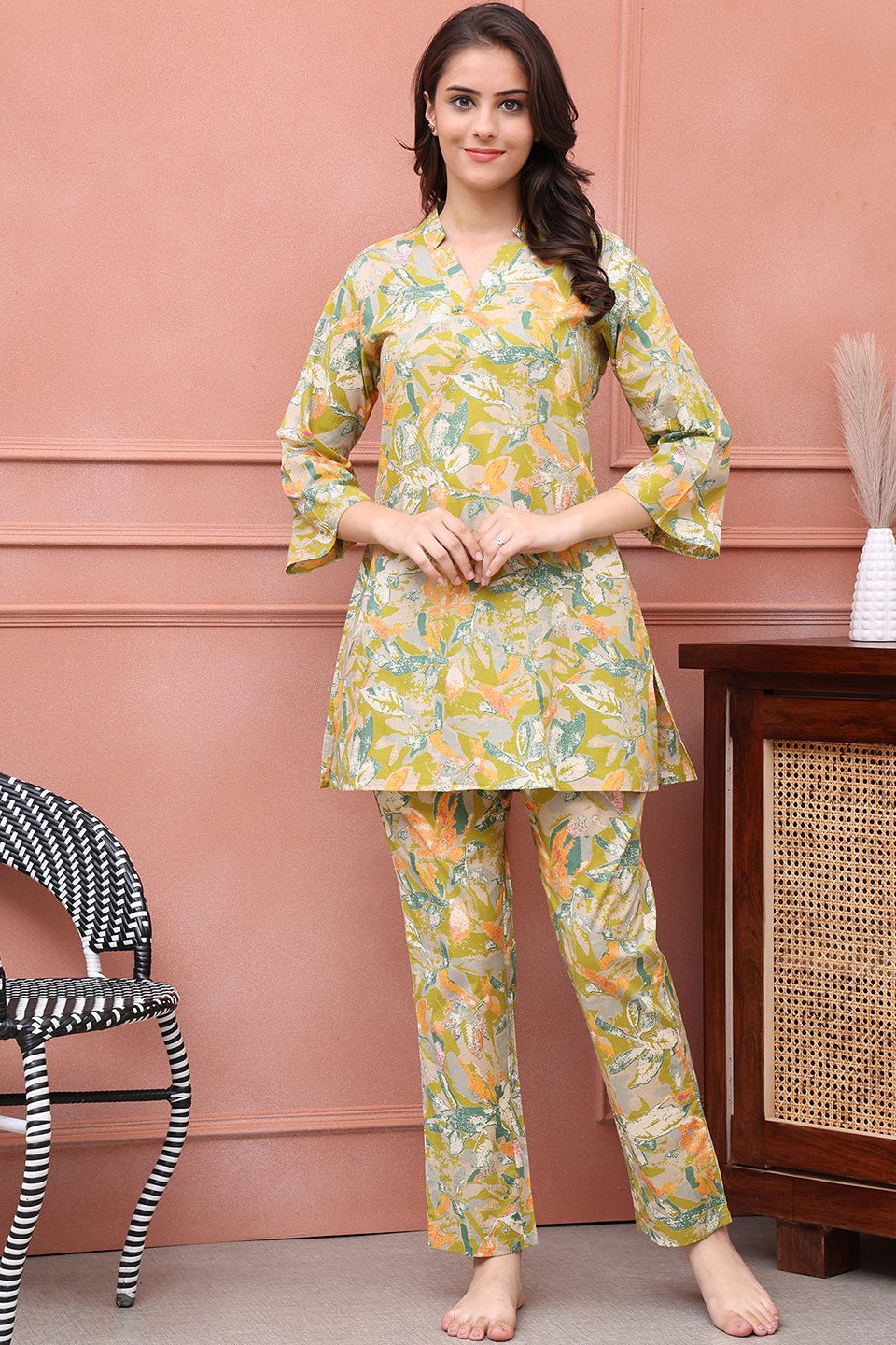 Green Floral Printed Pure Cotton Night Suit for Women by Claura