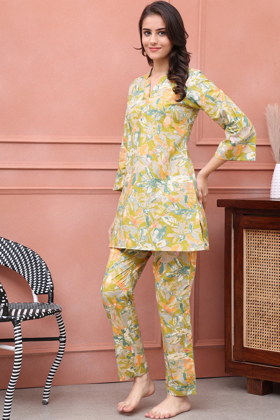 Green Floral Printed Pure Cotton Night Suit for Women by Claura