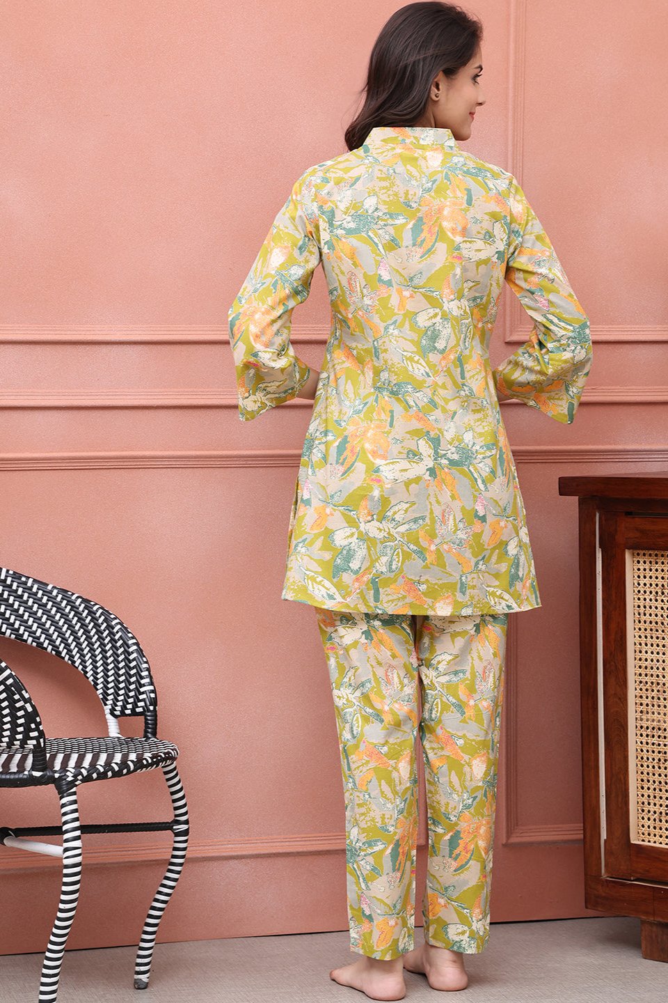 Green Floral Printed Pure Cotton Night Suit for Women by Claura
