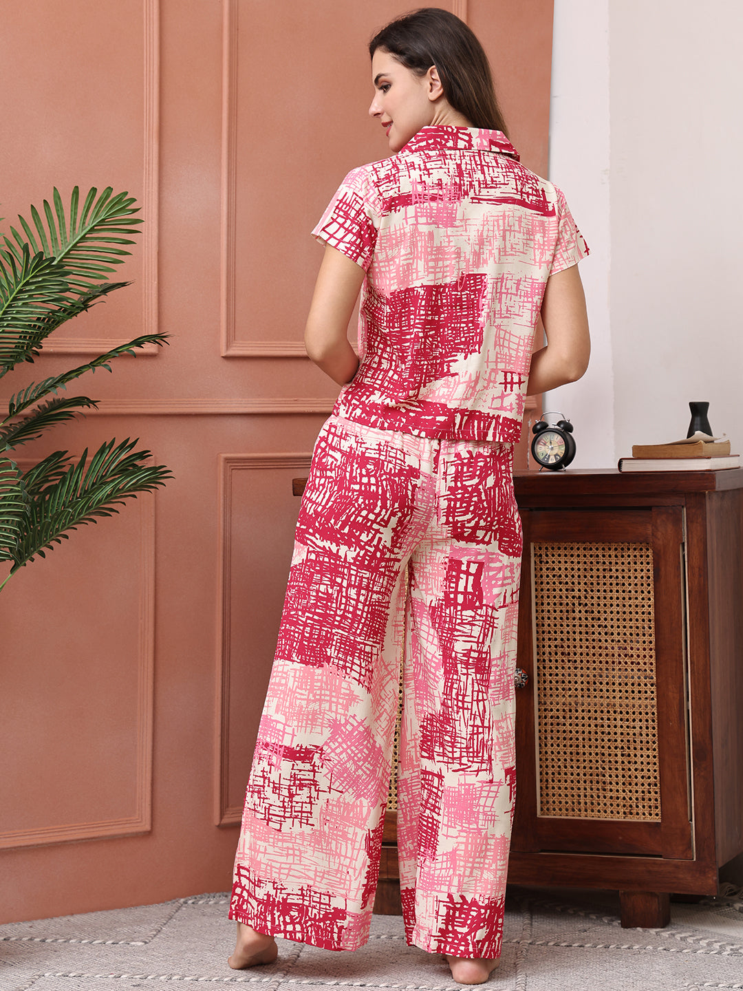 Abstract print night suit for women – pink rayon back view | Claura