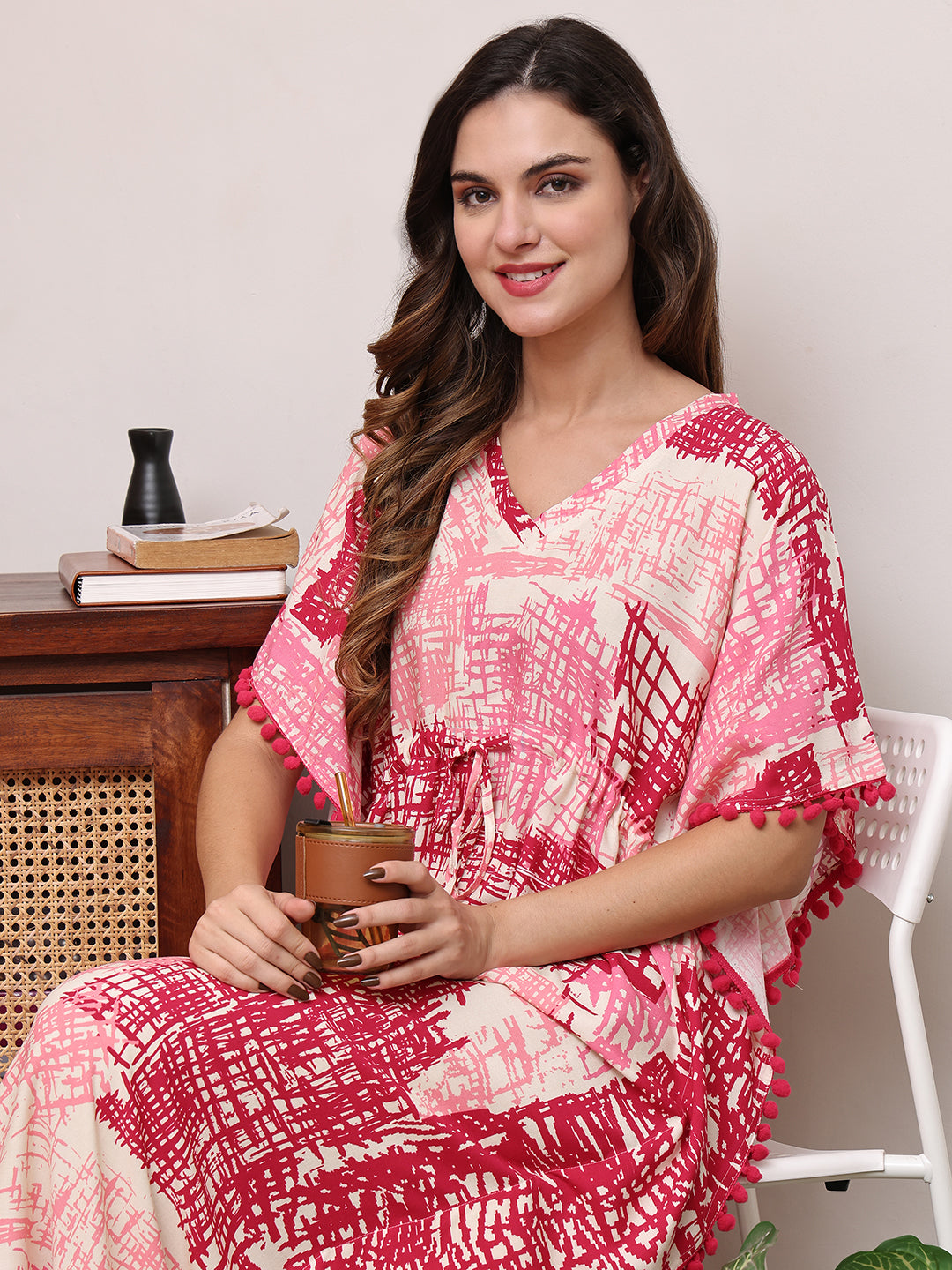 Pink Colour Abstarct Printed Viscose Rayon Kaftan For Women