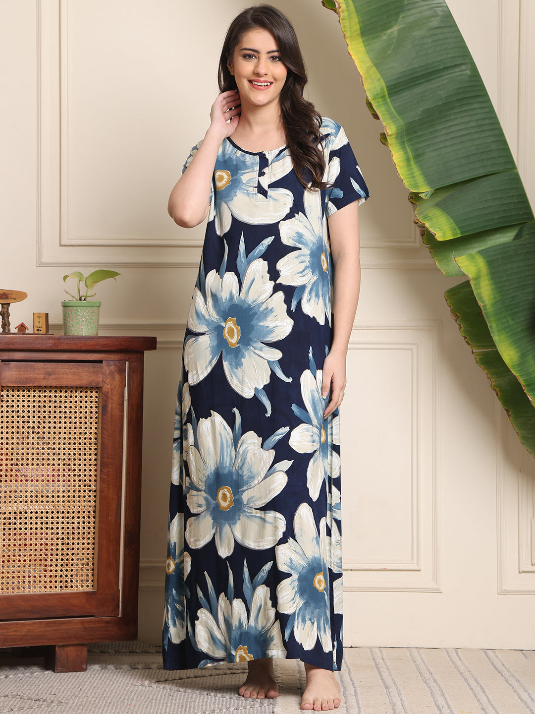 Blue Colour Floral Printed Viscose Rayon Nighty For Women