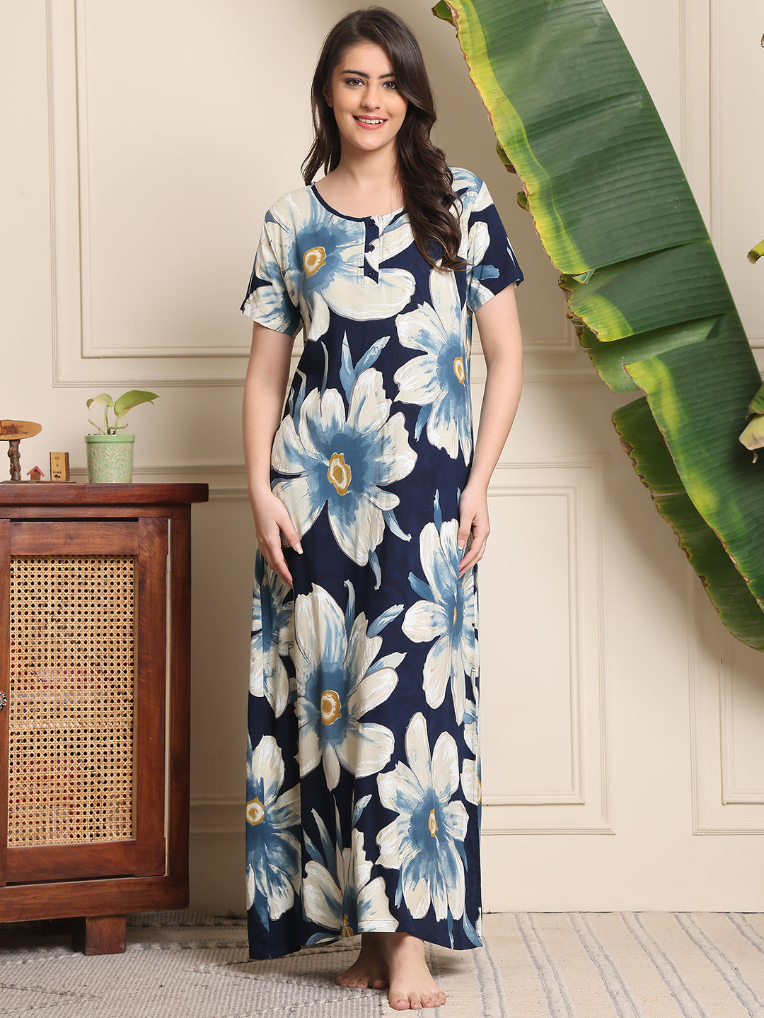 Blue Colour Floral Printed Viscose Rayon Nighty For Women
