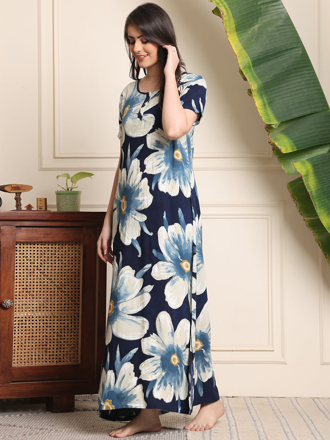 Blue Colour Floral Printed Viscose Rayon Nighty For Women