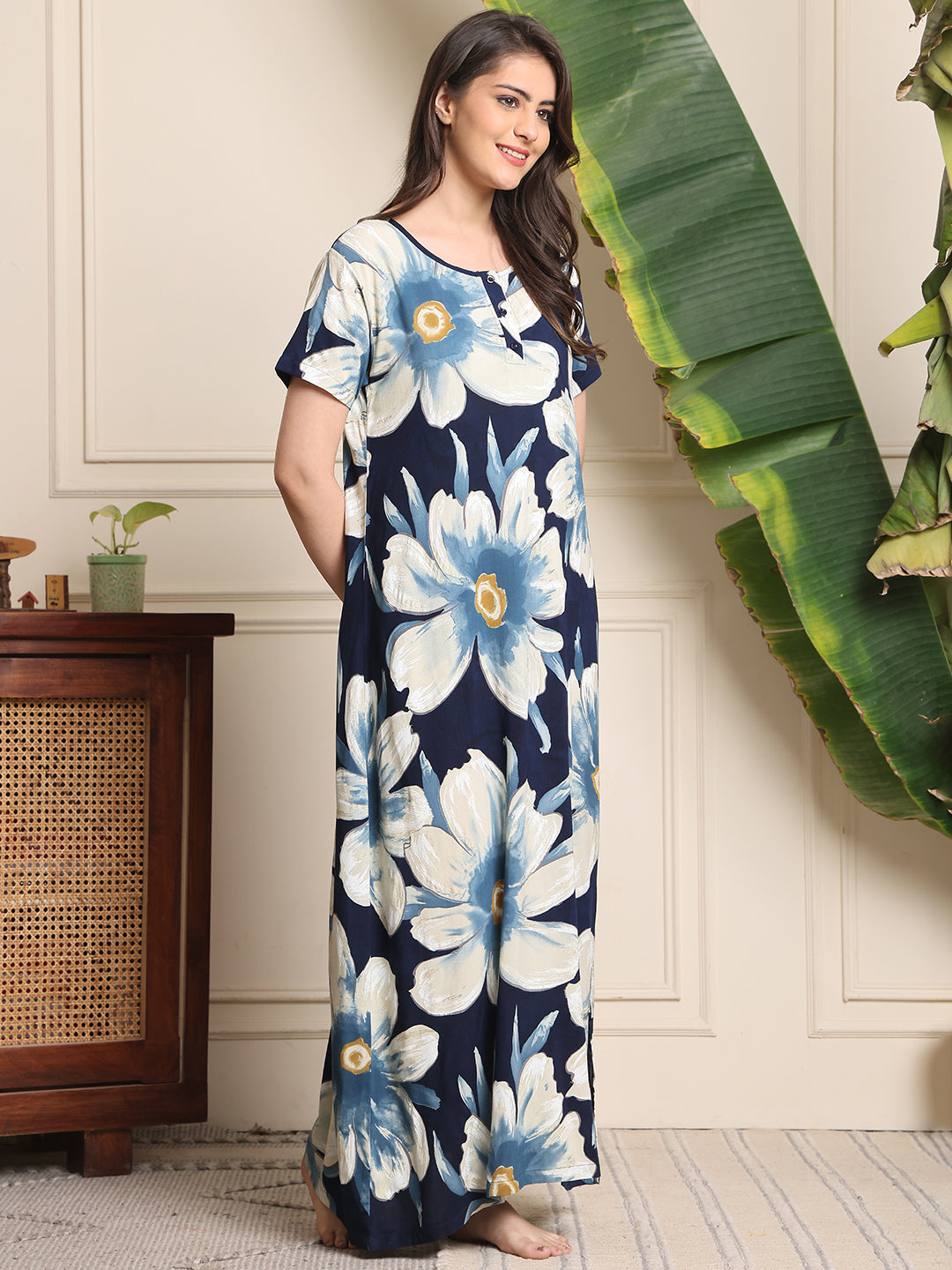 Blue Colour Floral Printed Viscose Rayon Nighty For Women