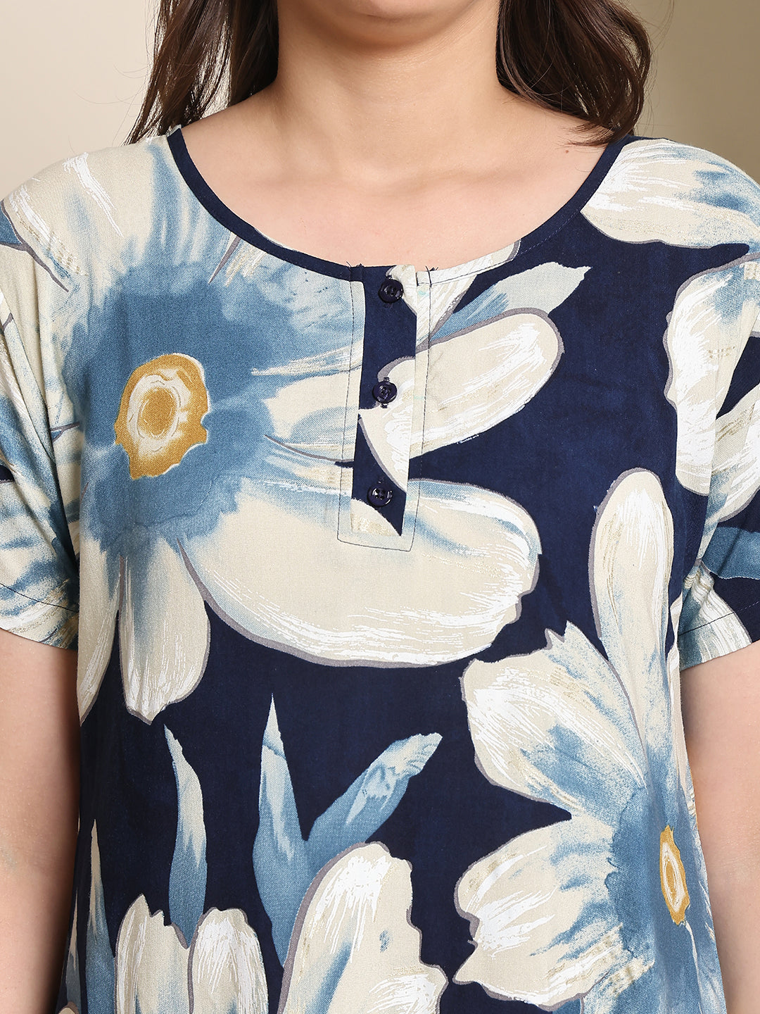 Blue Colour Floral Printed Viscose Rayon Nighty For Women