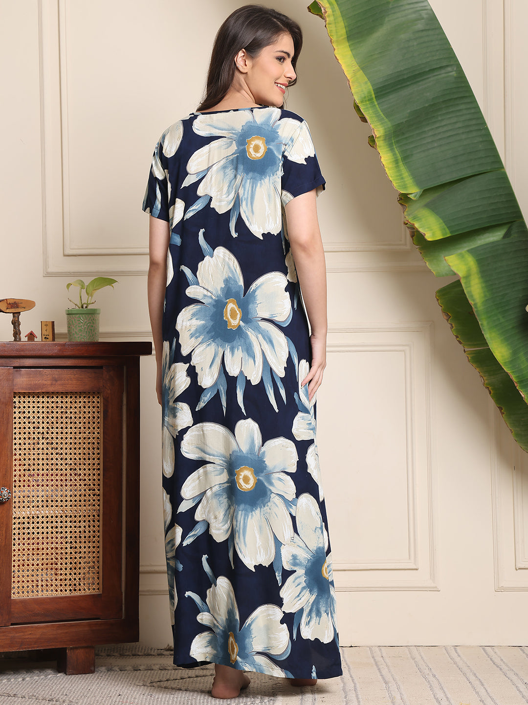 Blue Colour Floral Printed Viscose Rayon Nighty For Women