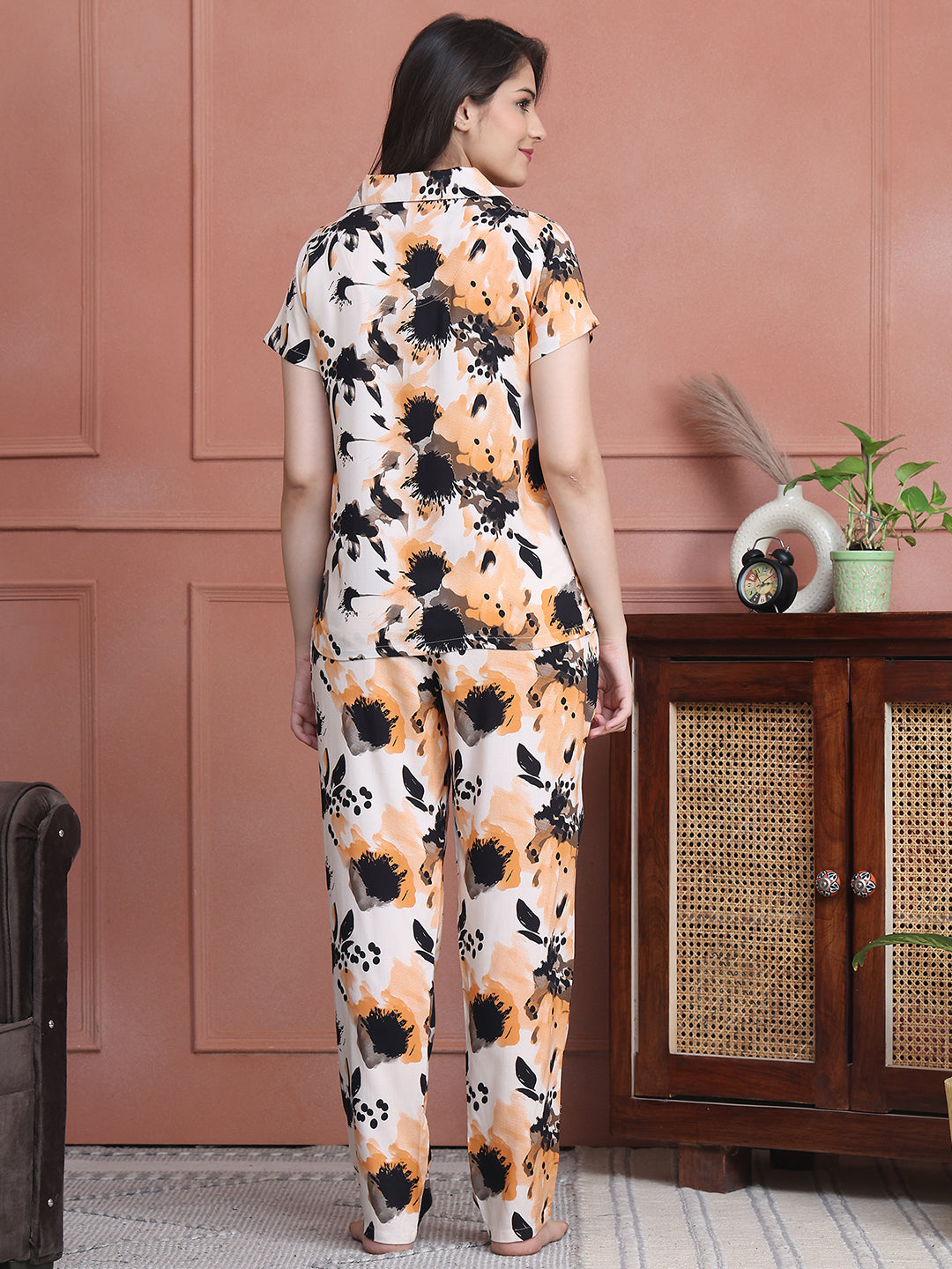 Cream Colour Abstract Printed Viscose Rayon Night Suit