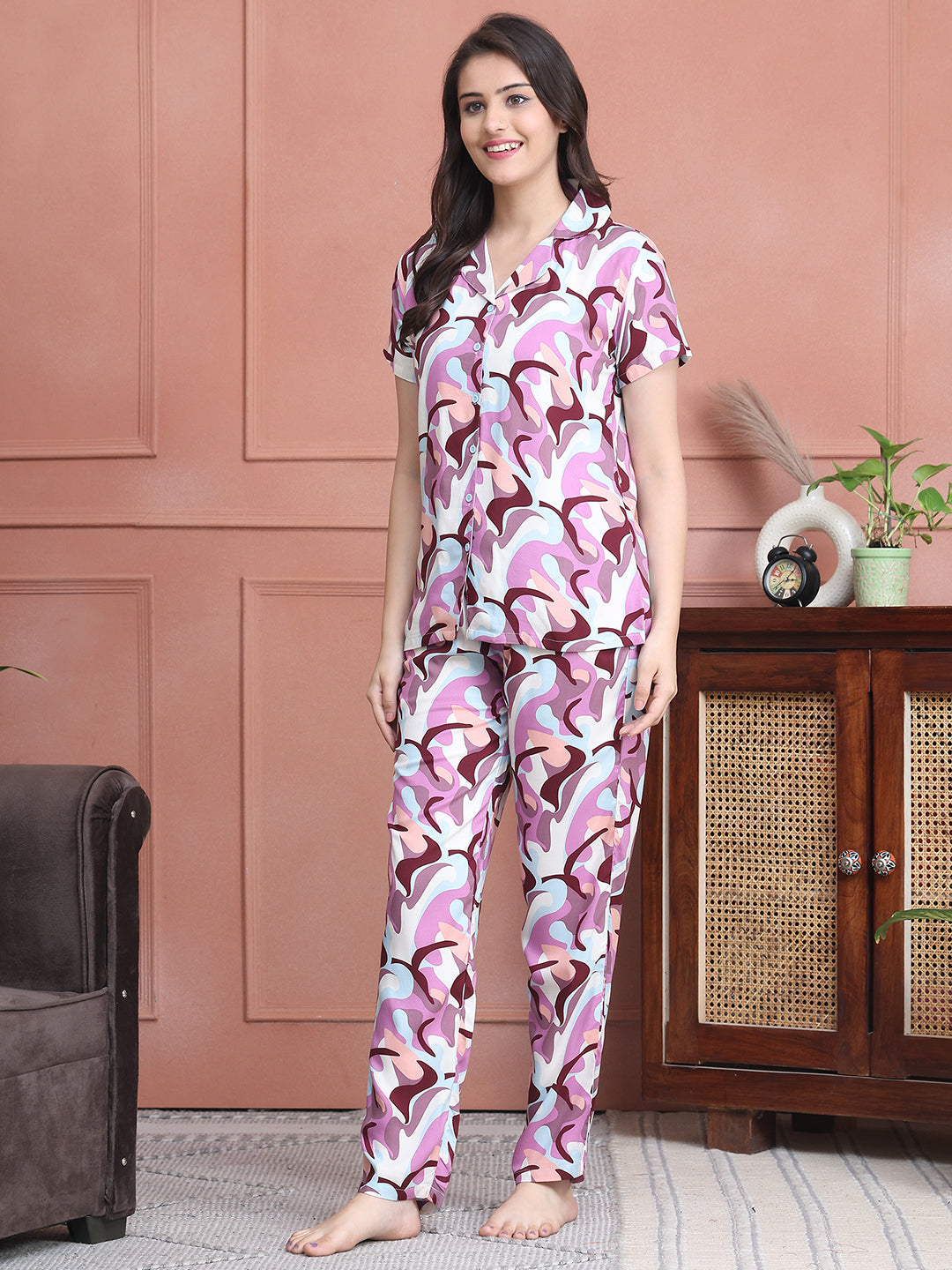 Purple Colour Abstract Printed Viscose Rayon Night Suit